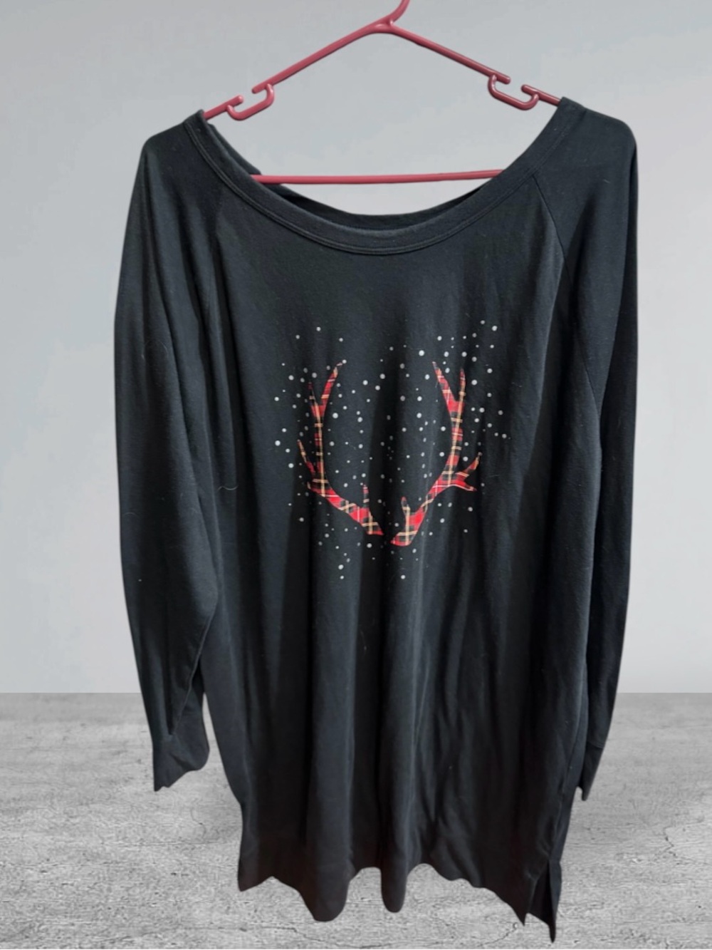 Victoria's Secret Black Long-Sleeve Sleep Tee with Red Plaid Antler Detail